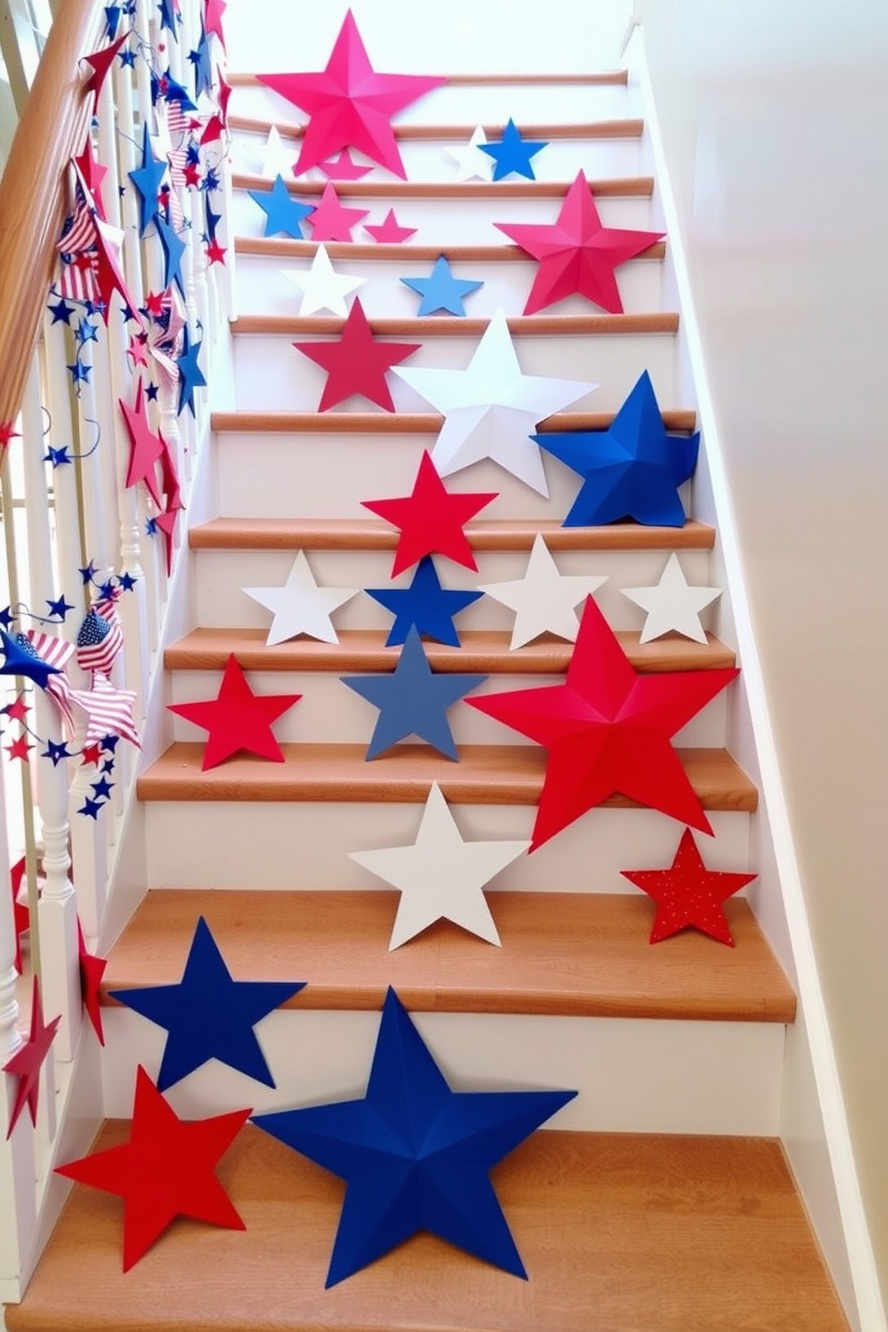 A festive staircase adorned with clusters of red and blue balloons at the base. The balloons are arranged in a vibrant display, celebrating Independence Day with a cheerful atmosphere.