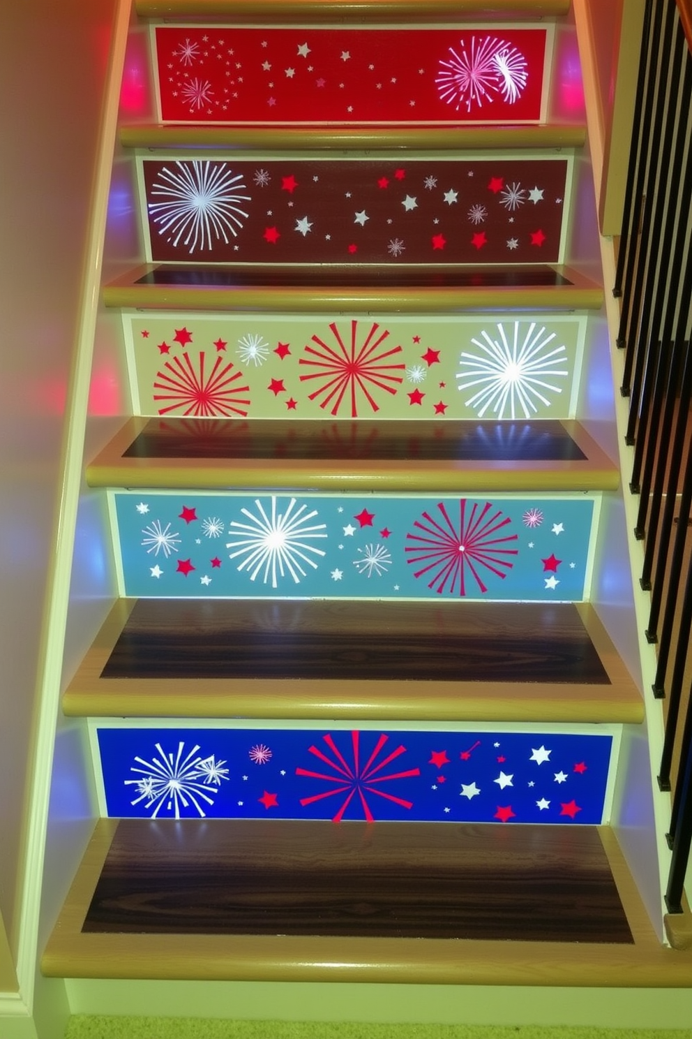 Firework-inspired decorations adorn the stair risers, featuring vibrant red, white, and blue colors that celebrate Independence Day. Each riser showcases a different design, with sparklers and stars creating a festive atmosphere that enhances the staircase's charm.