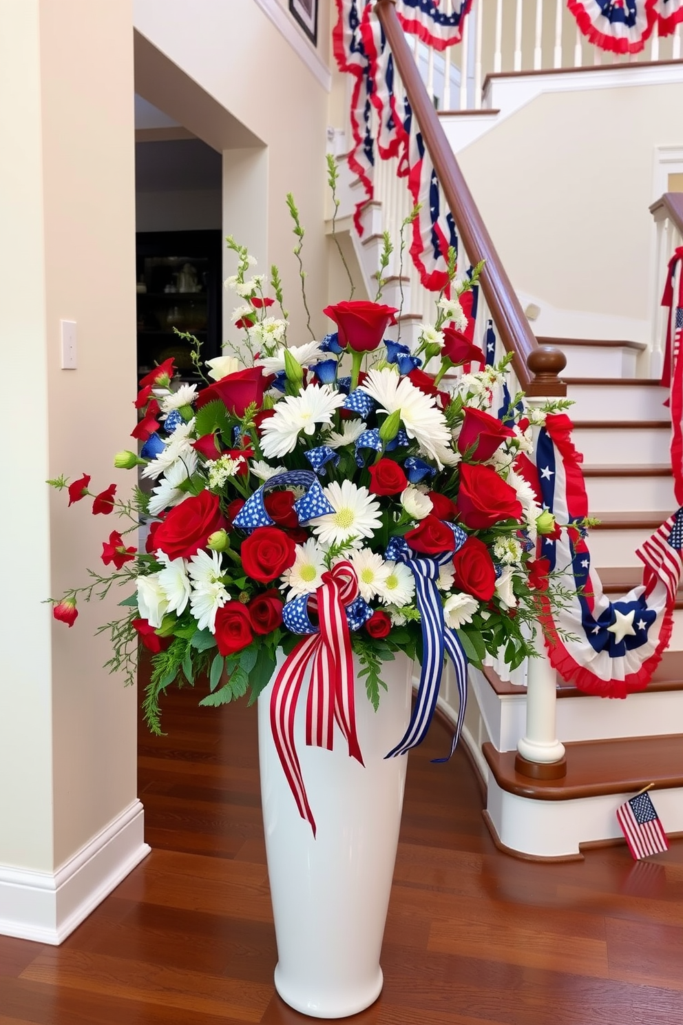 A vibrant flower arrangement celebrating Independence Day is displayed in a large white vase. The bouquet features red white and blue flowers such as roses and daisies with festive ribbons intertwined. The staircase is adorned with patriotic decorations for Independence Day. Red white and blue garlands drape along the banister while small flags are placed strategically along the steps.