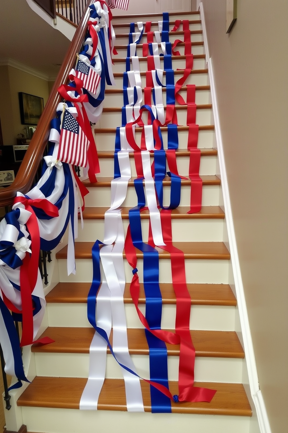 A festive staircase adorned with red white and blue ribbons cascading elegantly down the steps. The vibrant colors create a patriotic atmosphere, complemented by small American flags placed strategically along the railing.