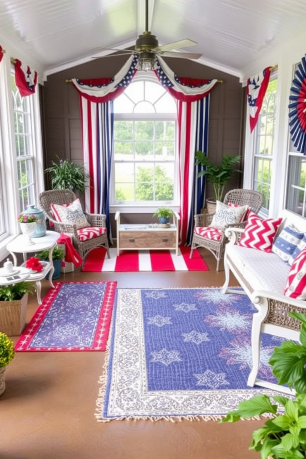 A vibrant sunroom decorated for Independence Day features red white and blue outdoor rugs that add a festive touch to the space. The area is filled with comfortable seating and patriotic accents, creating an inviting atmosphere for summer gatherings.