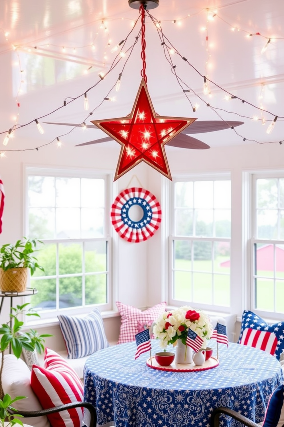 Cozy blankets in patriotic colors are draped over a plush sectional sofa in the sunroom. The space is filled with natural light, highlighting the vibrant reds, whites, and blues of the blankets against the soft neutral tones of the furniture. A rustic wooden coffee table sits in the center, adorned with a vase of fresh wildflowers. Large windows framed with sheer white curtains offer a view of the outdoor greenery, creating a warm and inviting atmosphere perfect for celebrating Independence Day.