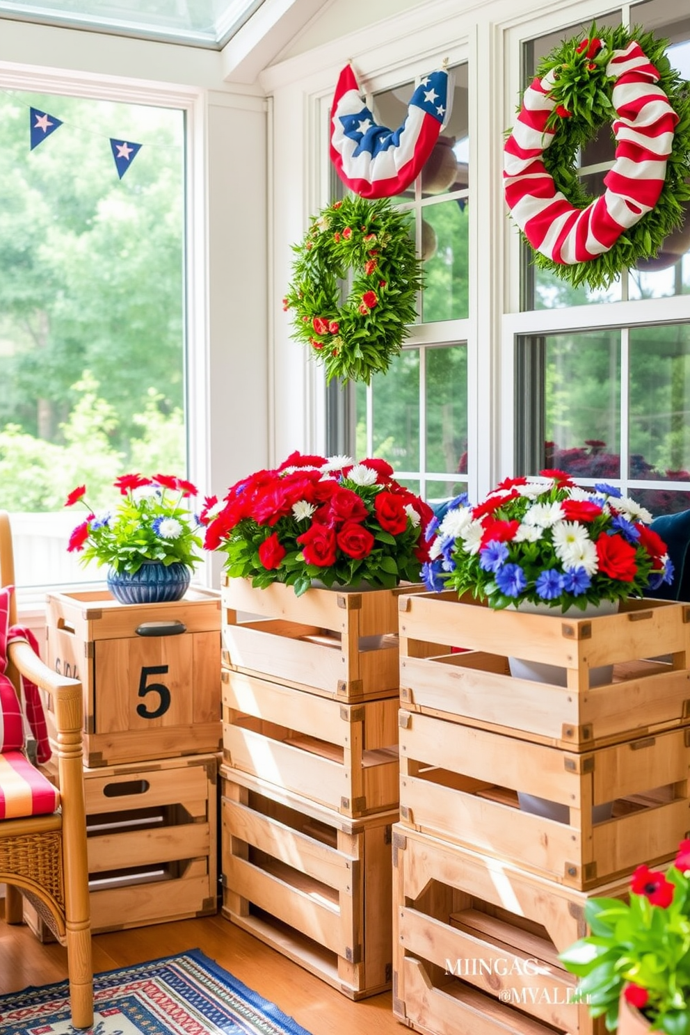 A cozy sunroom adorned with rustic wooden crates serves as a charming decor element for Independence Day. The crates are filled with vibrant red, white, and blue flowers, creating a festive atmosphere that celebrates the holiday.