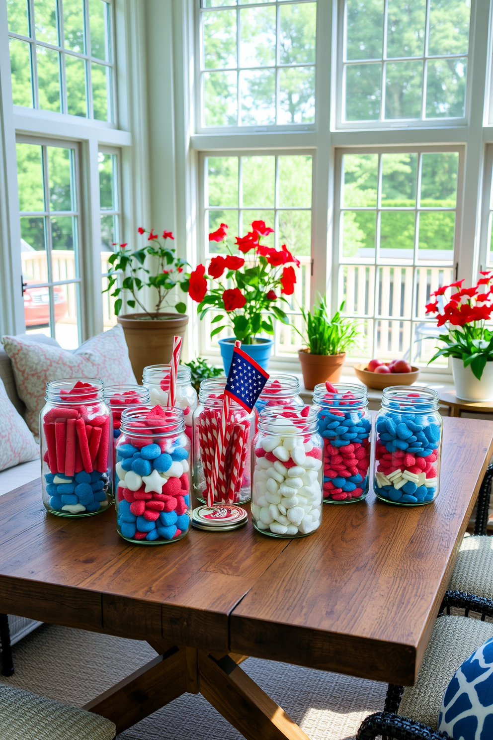 A bright sunroom filled with natural light showcases a collection of glass jars filled with red white and blue treats, perfect for celebrating Independence Day. The jars are arranged on a rustic wooden table surrounded by comfortable seating and vibrant potted plants.