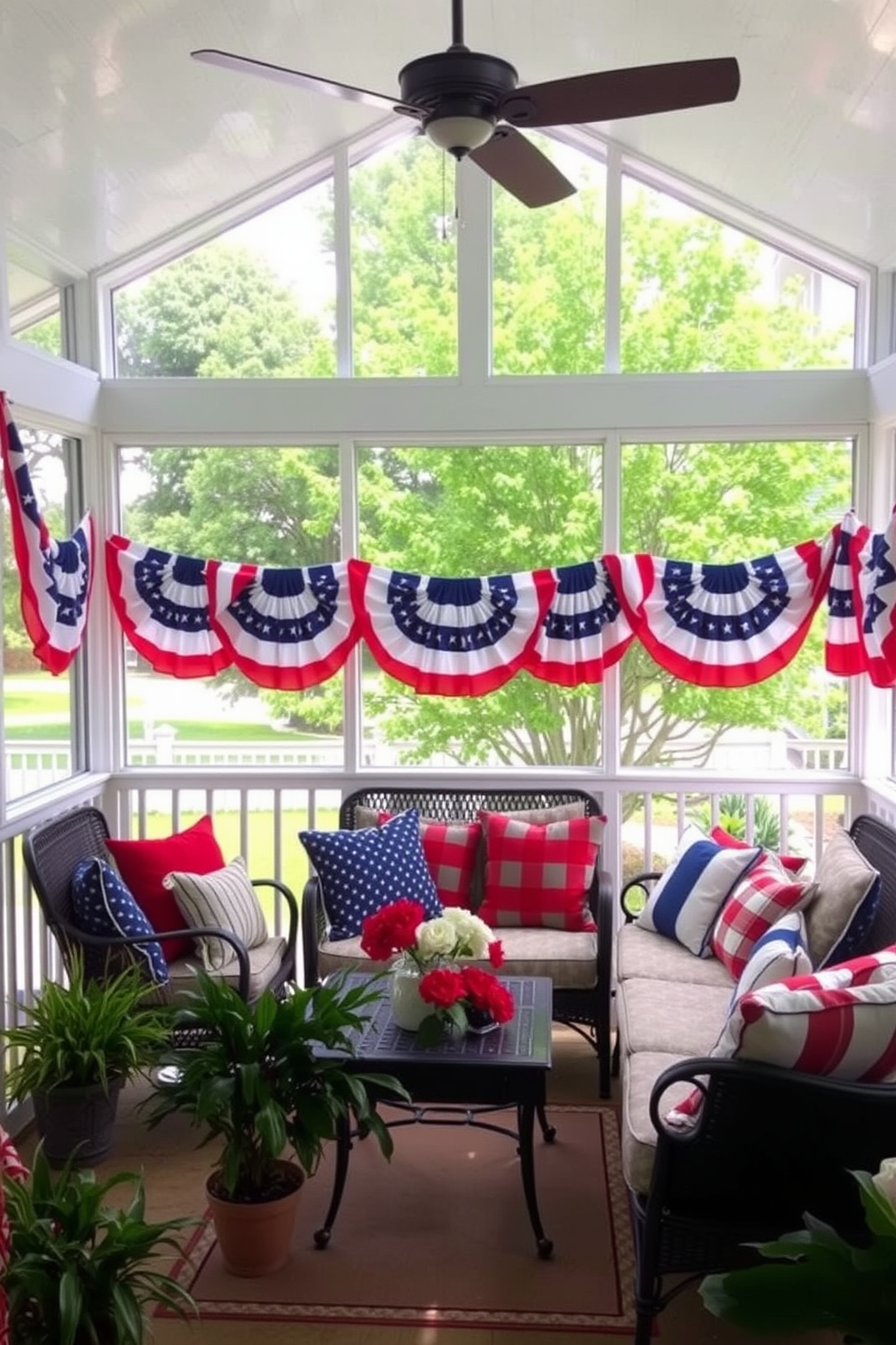 A sunroom decorated for Independence Day features vibrant American flag bunting draped elegantly along the railings. The space is filled with comfortable seating, adorned with red, white, and blue cushions, creating a festive and inviting atmosphere.