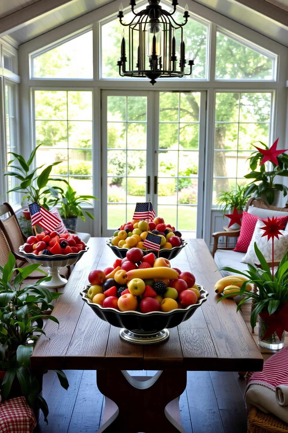 A vibrant sunroom filled with natural light showcases a stunning display of seasonal fruits in elegant bowls. The bowls are arranged on a rustic wooden table, surrounded by lush green plants and comfortable seating for a festive atmosphere. Red, white, and blue decorations accentuate the theme of Independence Day, with stars and stripes incorporated into the table settings. The sunroom features large windows that open to a picturesque garden, creating a perfect backdrop for summer gatherings.