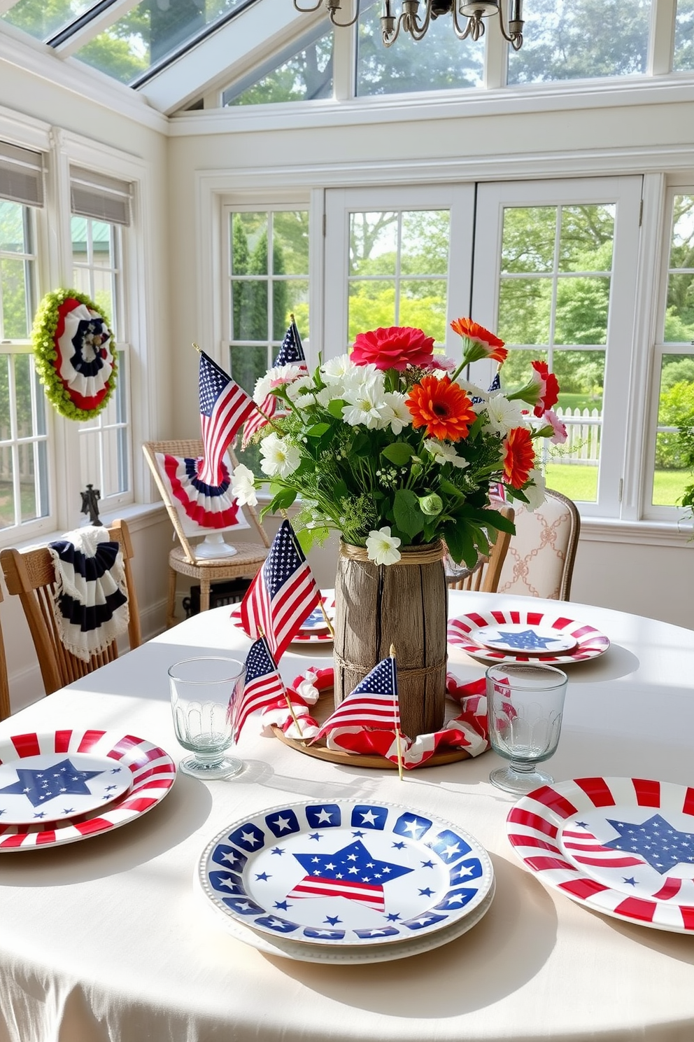 A beautifully arranged table set for Independence Day features patriotic plates adorned with red, white, and blue designs. The sunroom is filled with natural light, showcasing a centerpiece of fresh flowers in a rustic vase, enhancing the festive atmosphere.