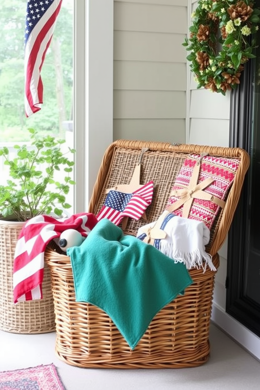 A vintage picnic basket serves as a charming storage solution in the sunroom. It is filled with colorful blankets and patriotic-themed decor, adding a festive touch for Independence Day celebrations.