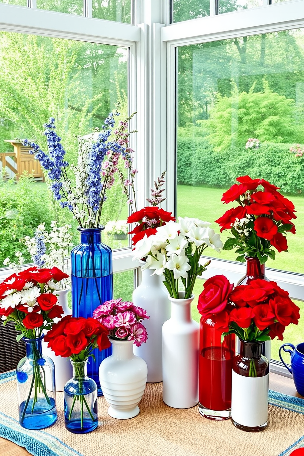 Create a sunroom that celebrates Independence Day with red white and blue themed vases. Arrange an assortment of vases in various heights filled with vibrant red and white flowers alongside blue accents to create a festive atmosphere.