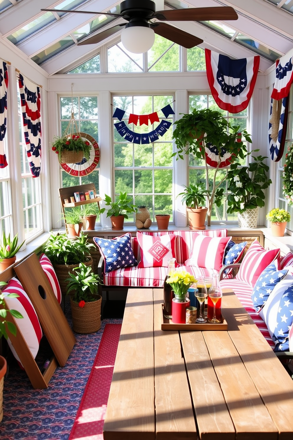 A vibrant sunroom filled with natural light features a cozy seating area adorned with red white and blue cushions. In one corner, a festive display of outdoor games like cornhole and giant Jenga adds a playful touch to the patriotic theme. The walls are decorated with banners and flags celebrating Independence Day while potted plants bring a touch of greenery. A rustic wooden table holds a spread of snacks and drinks ready for a summer gathering.