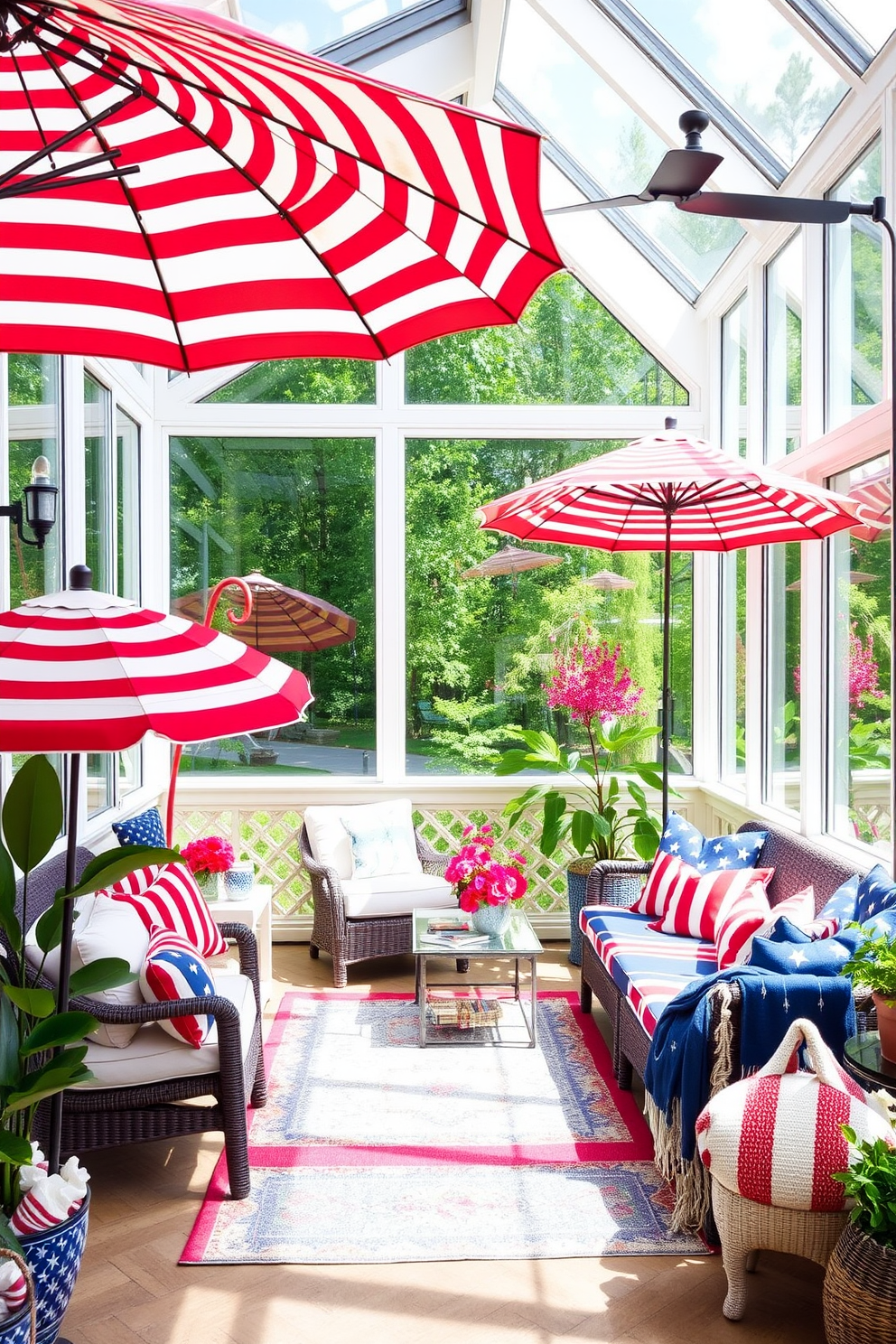 A vibrant sunroom filled with light features a cozy seating area adorned with striped umbrellas in red, white, and blue. The space is decorated with patriotic accents, including cushions and throws that celebrate Independence Day.