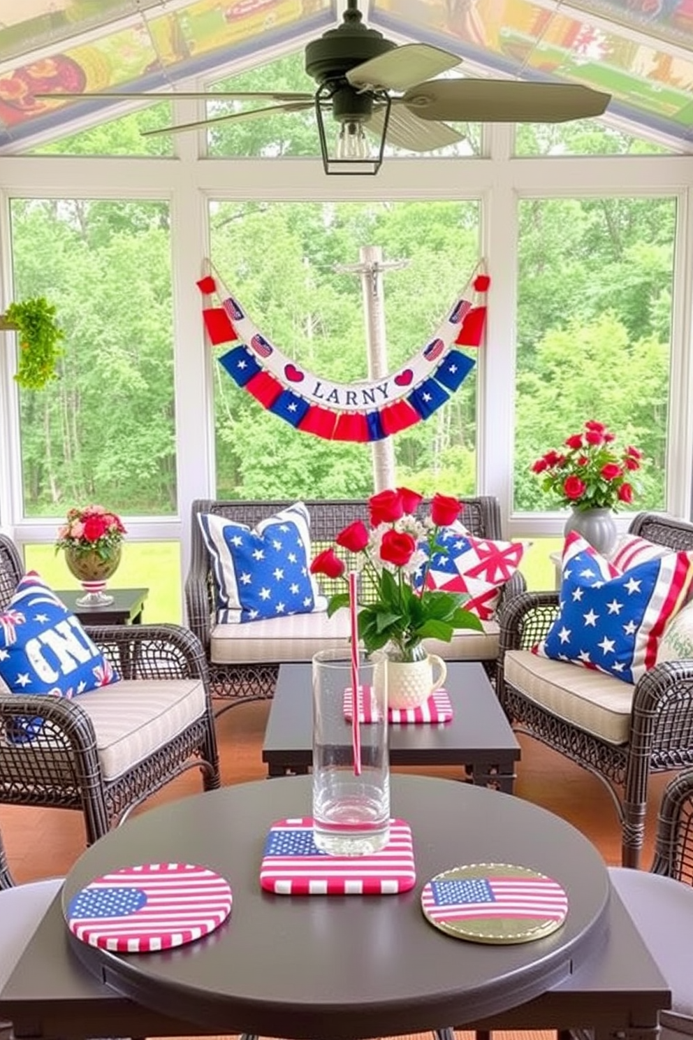 Patriotic themed coasters for drinks are designed with vibrant red white and blue colors featuring stars and stripes. These coasters are made from durable materials to protect surfaces while adding a festive touch to your Independence Day celebrations. For a sunroom decorating idea incorporate light and airy fabrics such as sheer curtains and soft throw pillows in patriotic colors. Add decorative elements like a flag-inspired table runner and potted plants to create a welcoming and cheerful atmosphere.