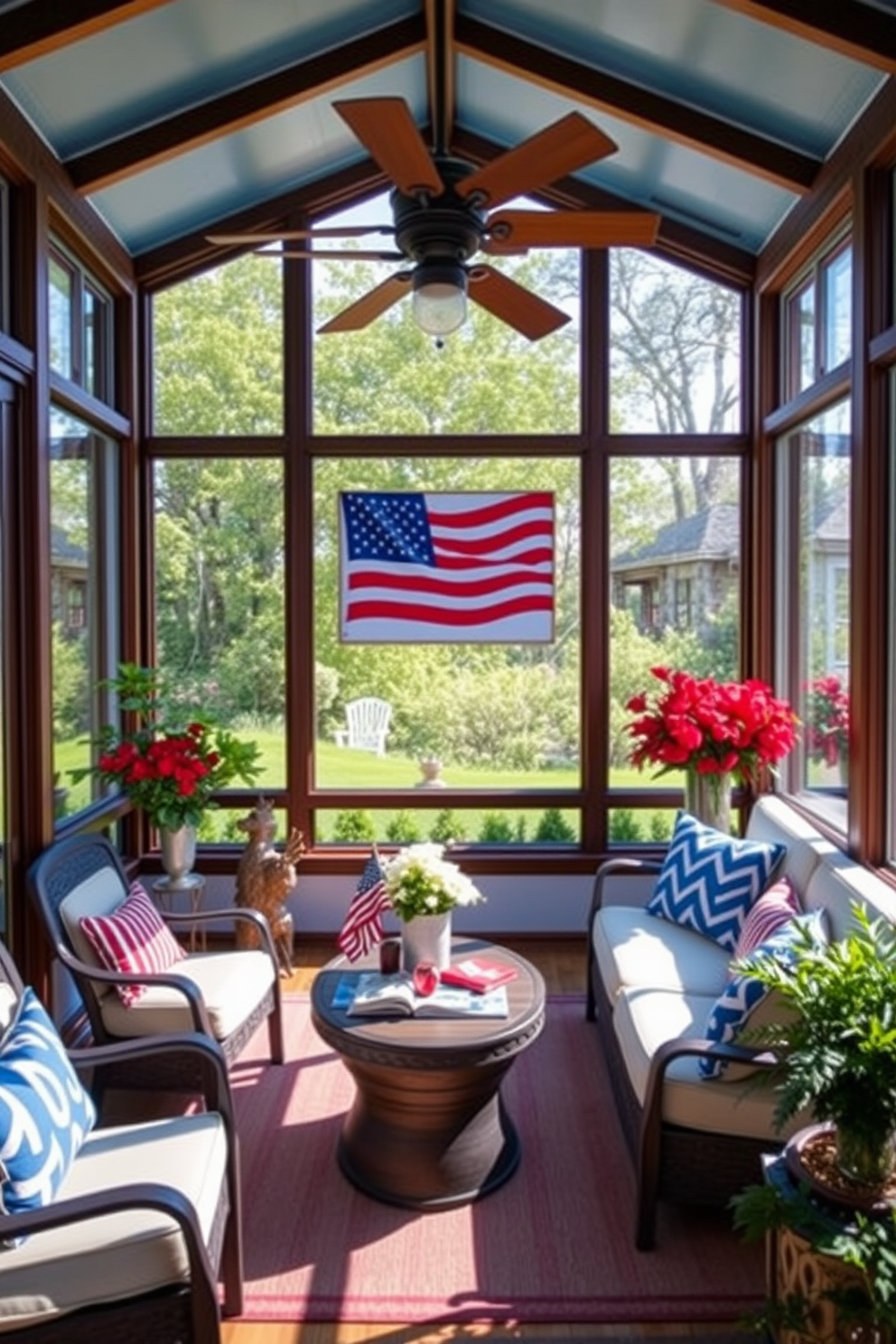 A bright sunroom filled with natural light. The windows are adorned with star patterned curtains that flutter gently in the summer breeze. The space features a comfortable seating area with colorful cushions. A patriotic red, white, and blue theme is reflected in the decor, creating a festive atmosphere for Independence Day.