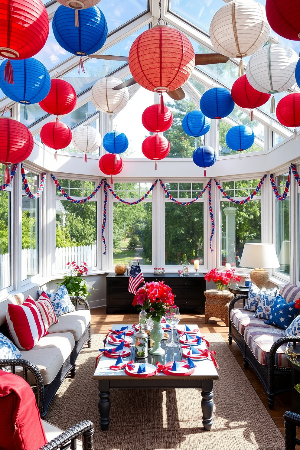 Decorative birdhouses painted in vibrant red white and blue colors are arranged on a wooden shelf in the sunroom. Sunlight filters through the large windows highlighting the cheerful display and creating a festive atmosphere for Independence Day.