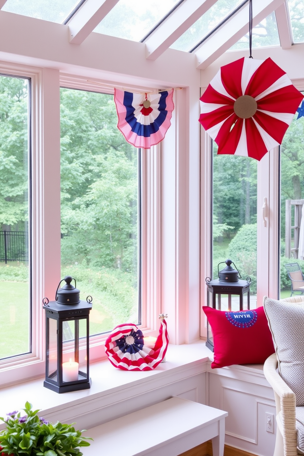 Create a vibrant sunroom decorated for Independence Day. Festive lanterns with candles are placed on the windowsills, casting a warm glow throughout the space.