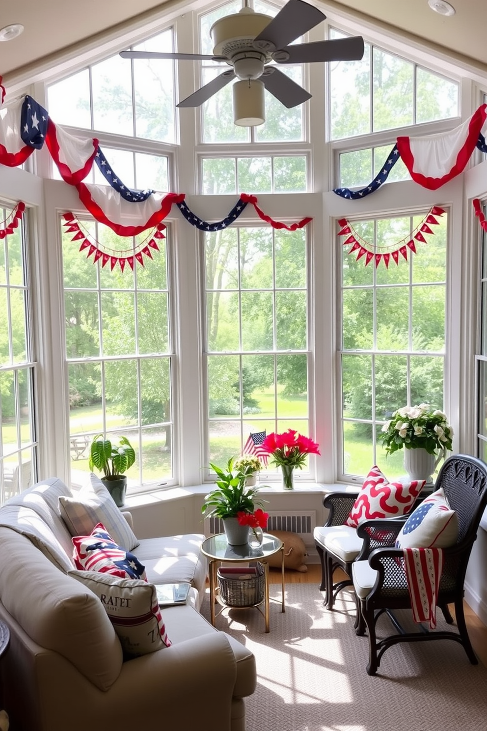 A sunroom filled with natural light features large windows draped with red white and blue bunting. The space is decorated with comfortable seating and patriotic accents creating a festive atmosphere for Independence Day celebrations.