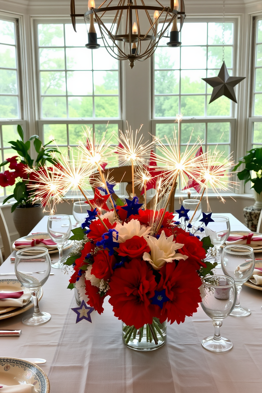 Create a vibrant sunroom filled with firework inspired centerpieces for an Independence Day celebration. The table is adorned with red white and blue arrangements featuring sparklers and star shaped decorations.