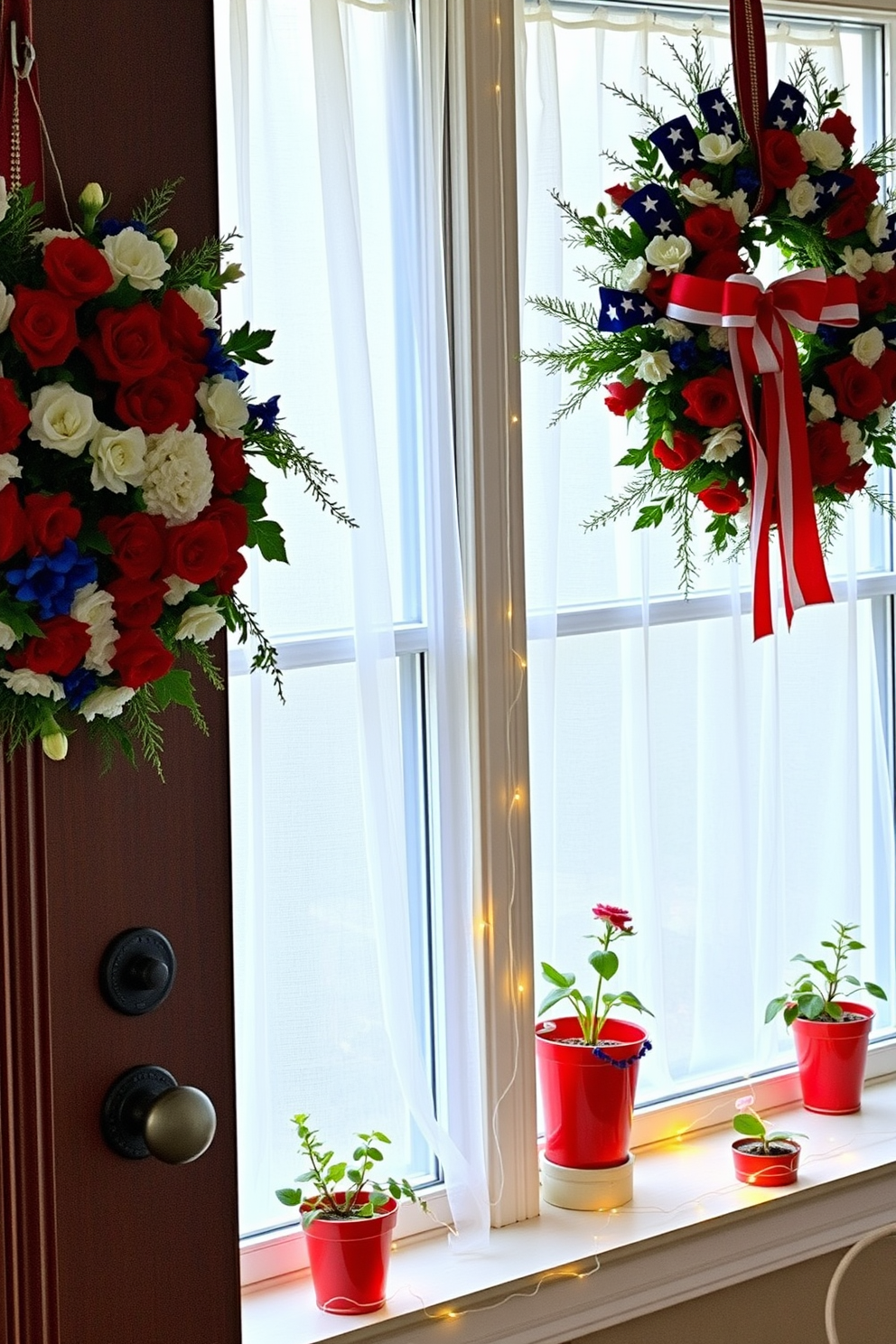 Patriotic wreaths adorned with vibrant red, white, and blue flowers hang gracefully on the front door, celebrating the spirit of Independence Day. The wreaths feature a mix of seasonal blooms and lush greenery, creating a festive and welcoming atmosphere for guests. Inside the home, the windows are decorated with sheer white curtains that allow natural light to filter through, complemented by small potted plants in red, white, and blue pots. Strands of twinkling fairy lights are draped along the window sills, adding a touch of warmth and charm to the festive decor.