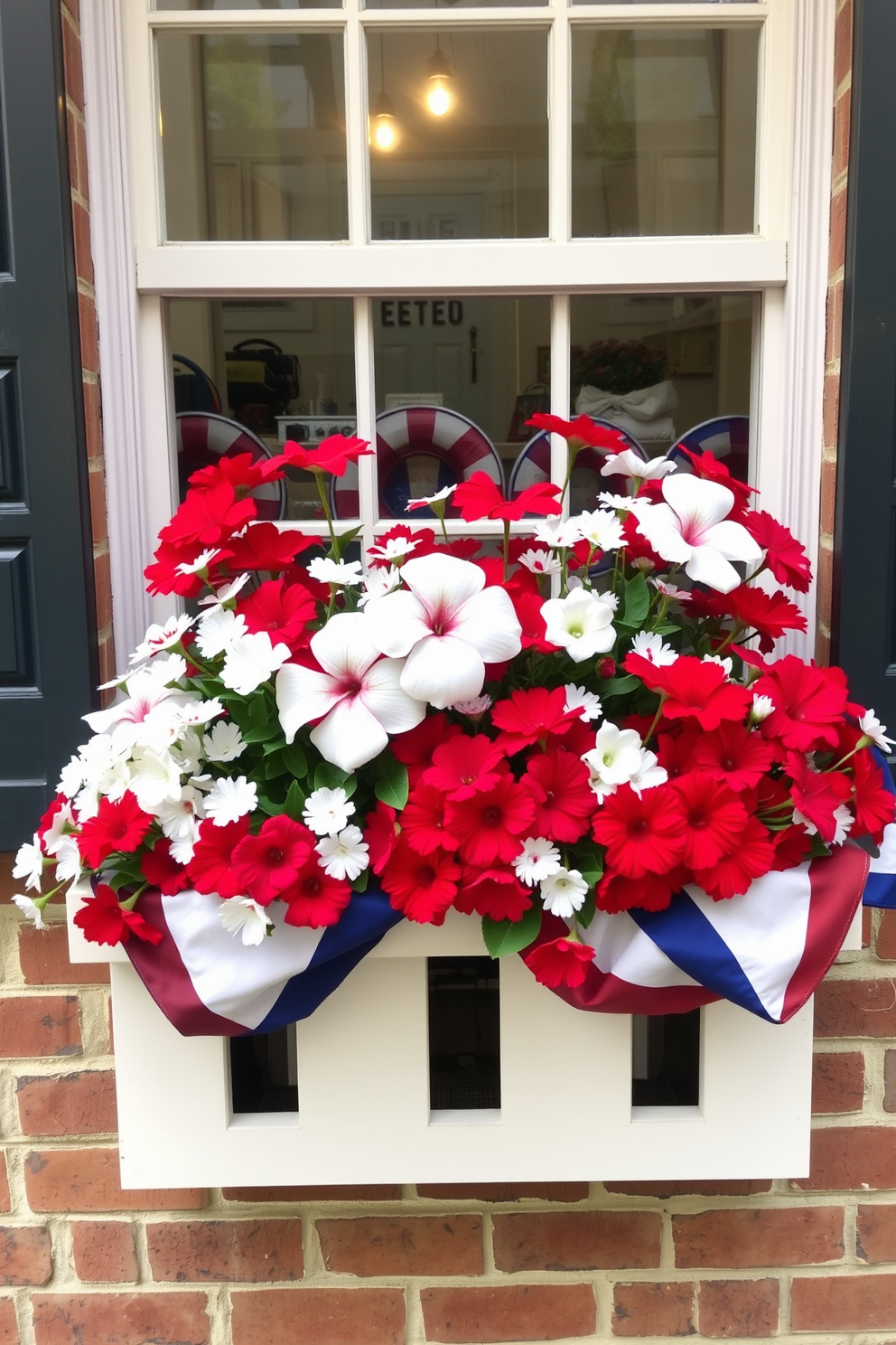 A charming window box brimming with vibrant red and white flowers creates a festive atmosphere for Independence Day. The flowers are arranged in a balanced pattern, enhancing the cheerful spirit of the holiday.