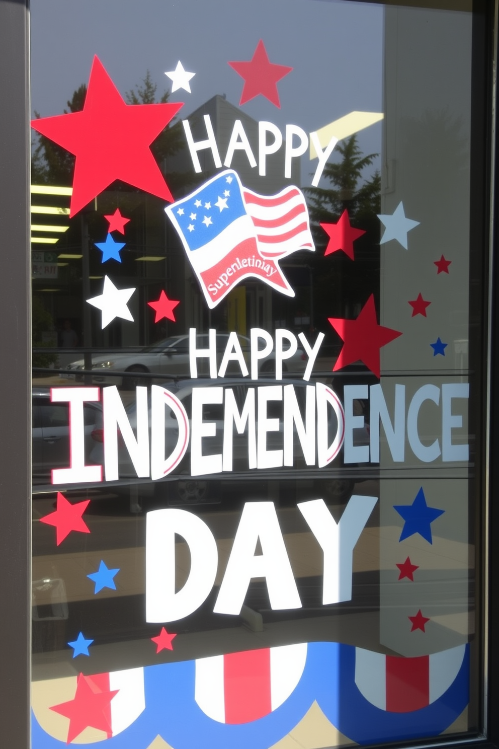 A vibrant window display showcasing creative window painting with patriotic symbols for Independence Day. The design features bold red, white, and blue colors along with stars and stripes to celebrate the festive spirit.