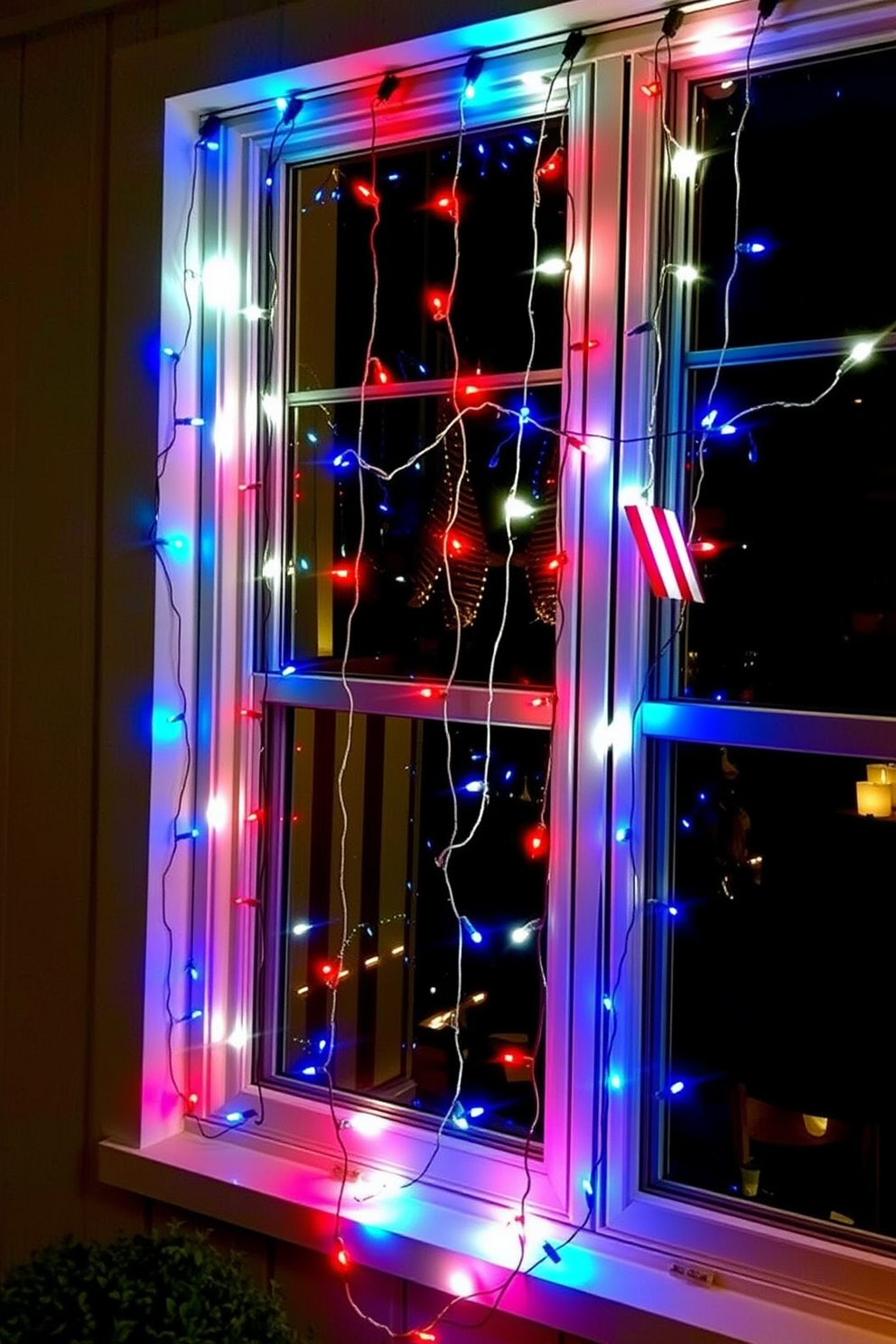 A festive window display celebrating Independence Day. Strings of red white and blue fairy lights drape elegantly across the window frame creating a cheerful atmosphere.