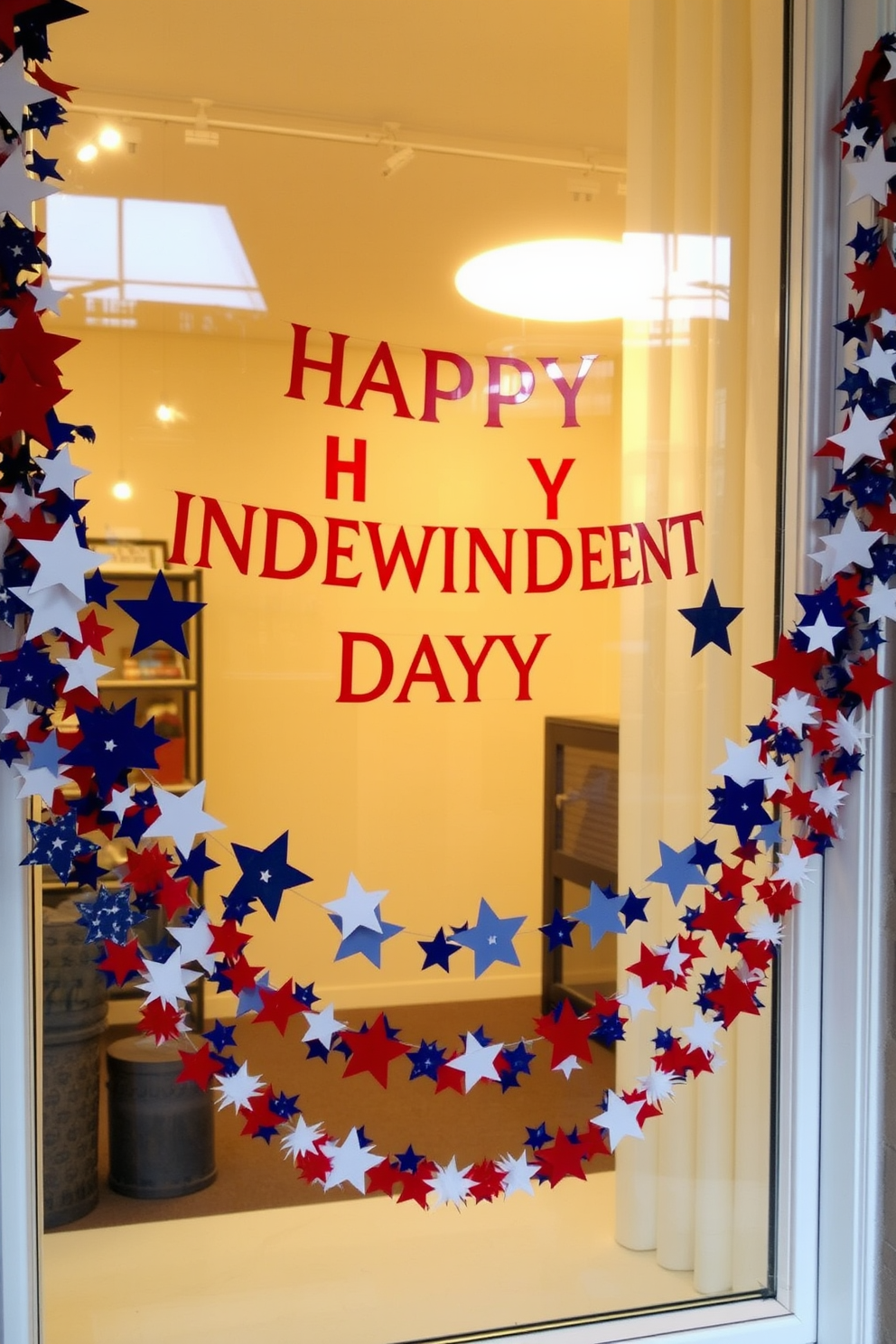 A festive window display celebrating Independence Day features decorative garlands of stars and stripes. The garlands are draped elegantly across the window frame, creating a vibrant and patriotic atmosphere.