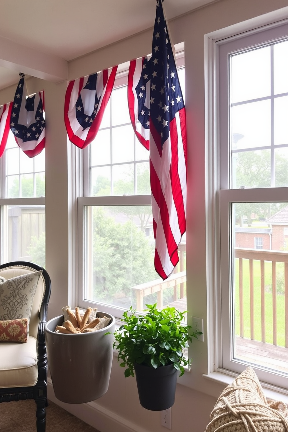 Create a festive window display for Independence Day featuring hanging flags from the window sills. The flags should be vibrant in red white and blue colors and arranged in a way that complements the overall decor of the room.