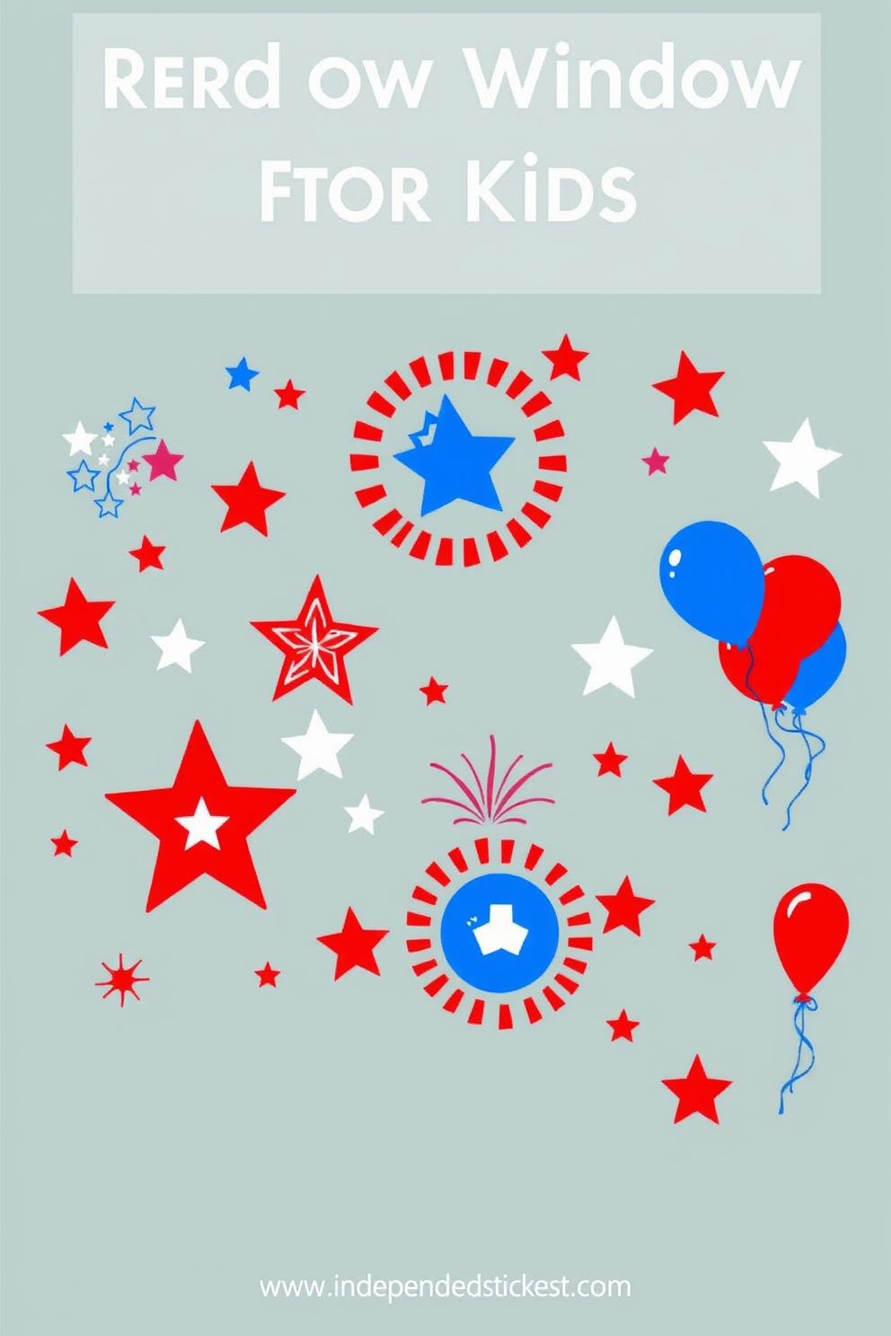 Patriotic themed window stickers for kids featuring vibrant red white and blue designs. The stickers include stars stripes and playful elements like fireworks and balloons to create a festive atmosphere for Independence Day.