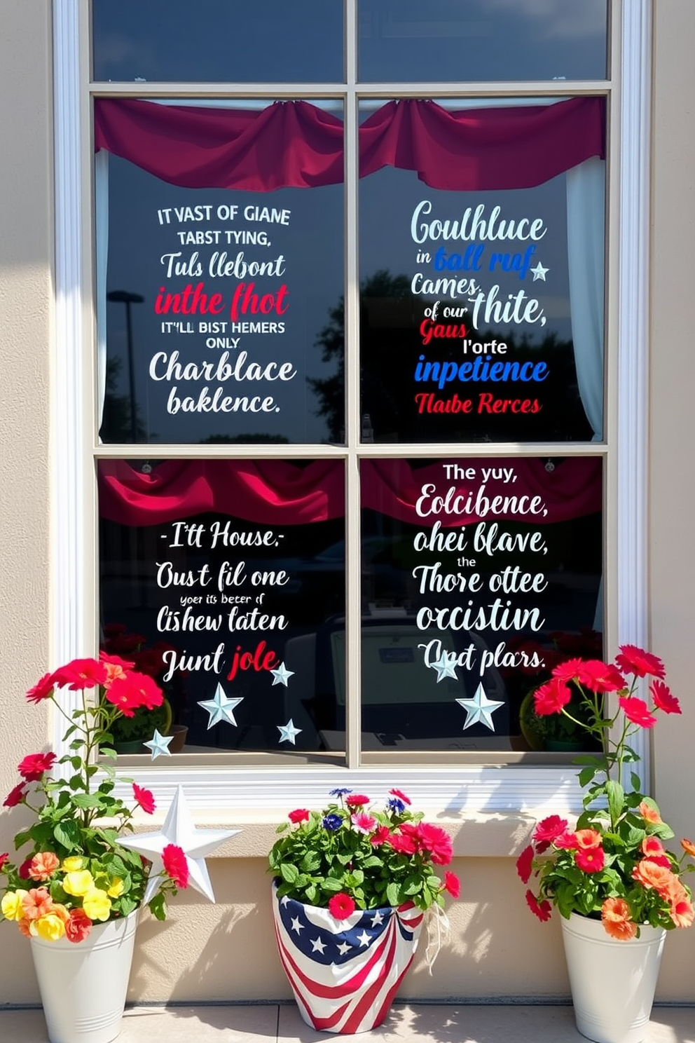 Independence Day quote decals are applied to large glass windows, featuring inspiring phrases in bold, festive colors. The decals are complemented by red, white, and blue window treatments that flutter gently in the breeze. The windows are adorned with decorative stars and stripes, creating a patriotic ambiance. Potted plants with vibrant blooms are placed on the window sills, enhancing the festive spirit of the celebration.