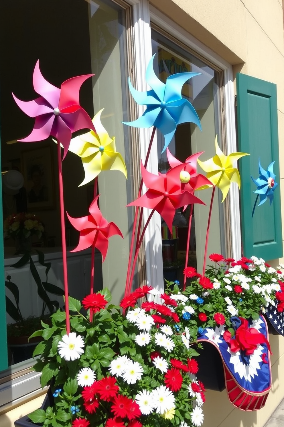 A vibrant display of colorful pinwheels spins joyfully in window planters, creating a festive atmosphere for Independence Day. The planters are adorned with red white and blue flowers, enhancing the celebratory theme while adding a playful touch to the windows.