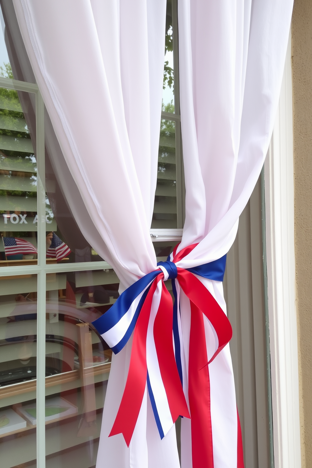 A festive window display featuring curtains adorned with a red white and blue ribbon tied elegantly around the fabric. The curtains flutter gently in the breeze, creating a patriotic atmosphere perfect for Independence Day celebrations.