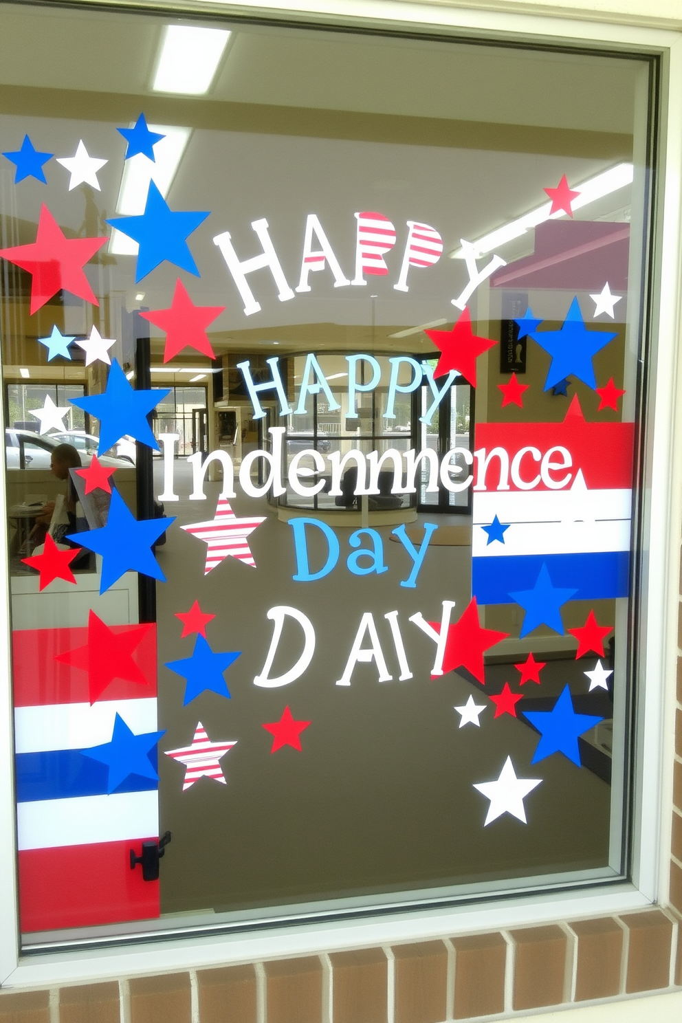 A festive window display celebrating Independence Day. The window features vibrant red white and blue clings showcasing stars and stripes, creating a patriotic atmosphere. Colorful banners and decorative elements frame the window, enhancing the holiday spirit. The arrangement invites a cheerful ambiance, perfect for summer celebrations.