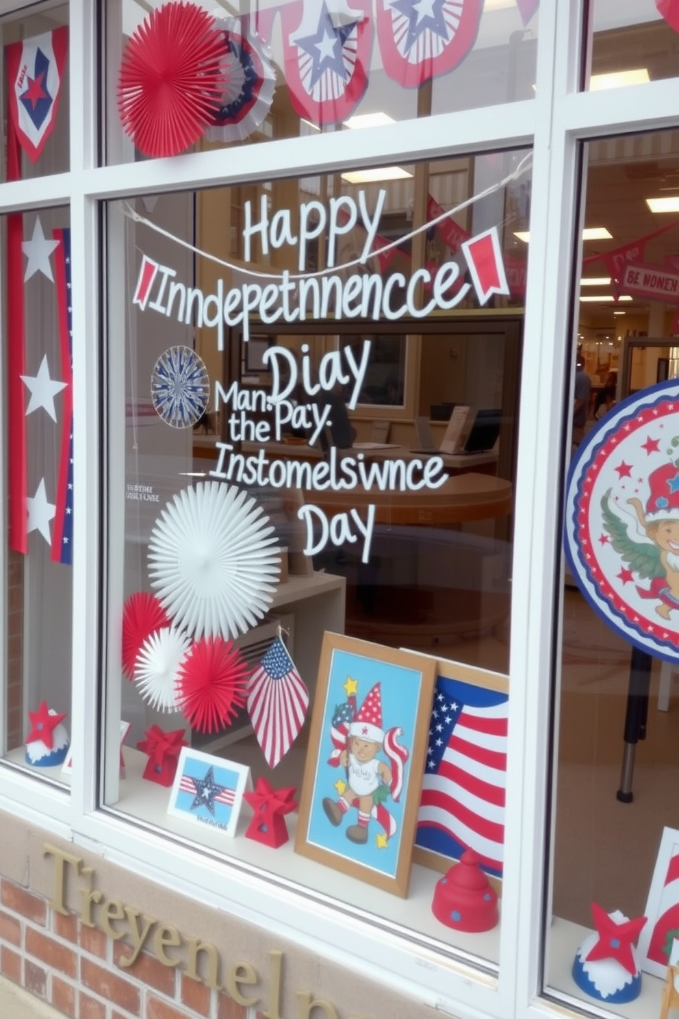 A festive window display celebrating Independence Day features vibrant red white and blue decorations. Banners and stars are hung alongside seasonal themed art that captures the spirit of the holiday.