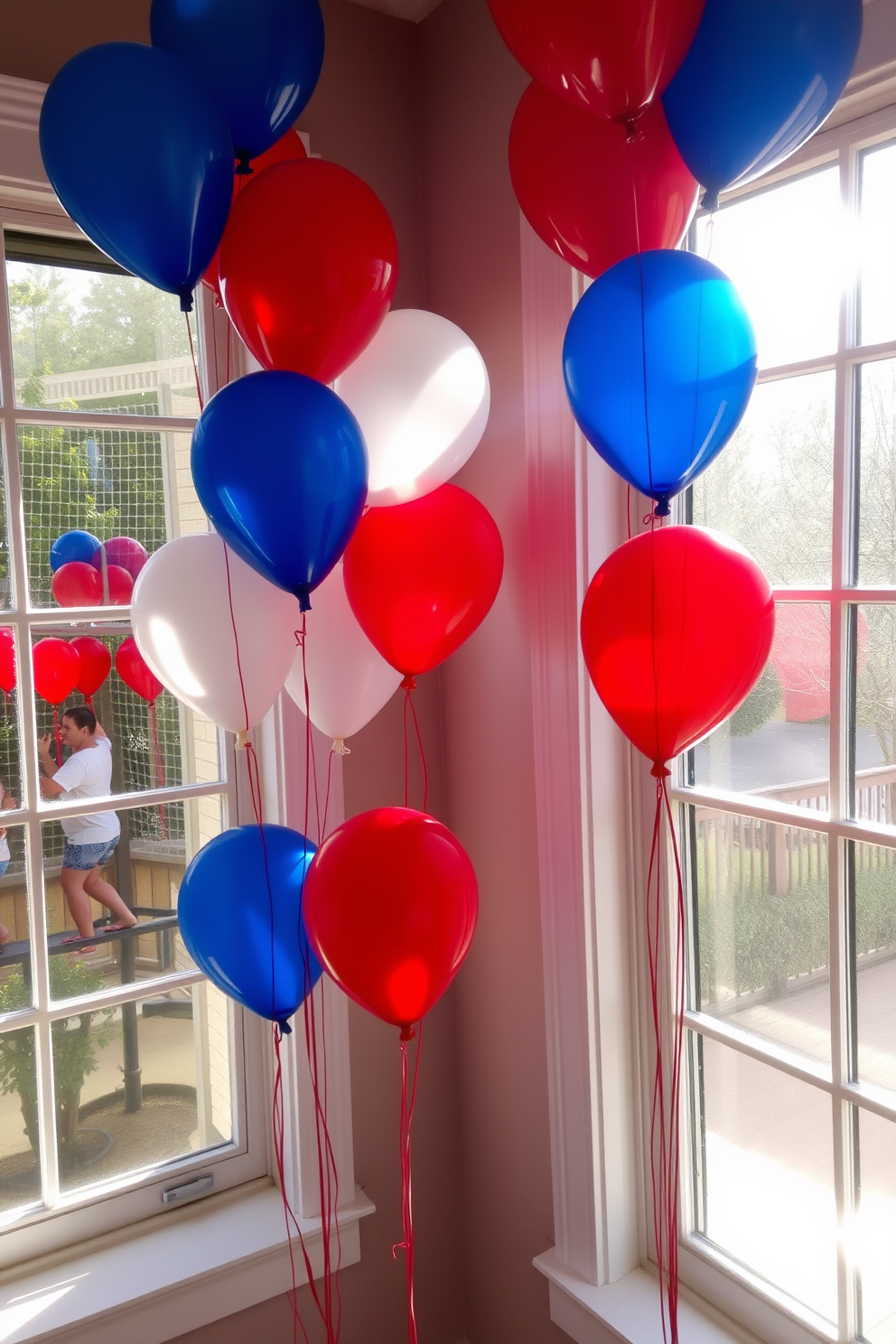 Patriotic colored balloons in red white and blue are tied to the window frames creating a festive atmosphere. Sunlight streams through the windows illuminating the vibrant colors of the balloons adding a cheerful touch to the room.