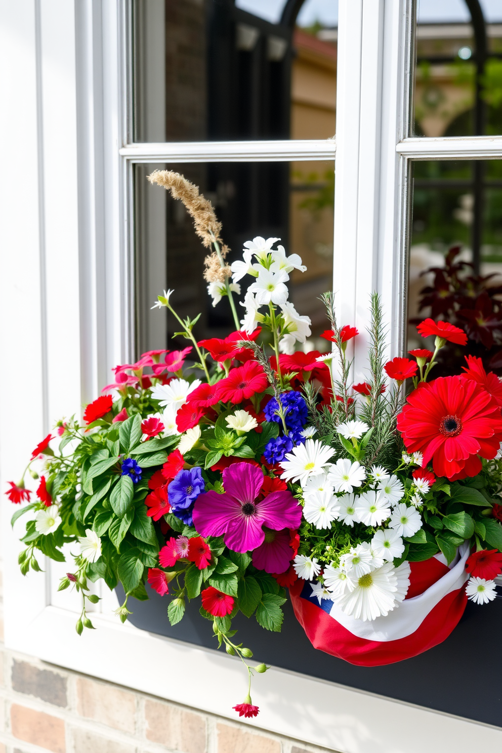 Create a festive outdoor scene showcasing red white and blue lanterns hanging from the eaves of a charming house. The lanterns are illuminated, casting a warm glow on the front porch decorated with patriotic bunting and potted flowers.