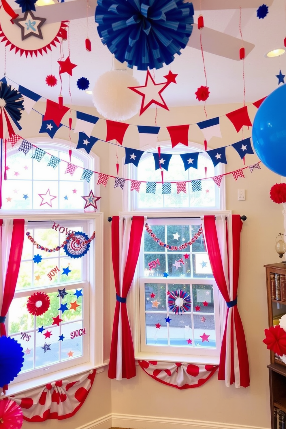 A vibrant display of DIY Independence Day crafts fills the room, showcasing red white and blue colors with stars and stripes. Banners and handmade decorations hang from the ceiling adding a festive touch to the space. The windows are adorned with creative Independence Day window decorating ideas, featuring patriotic decals and colorful garlands. Each window is framed with red and white curtains that complement the overall theme beautifully.