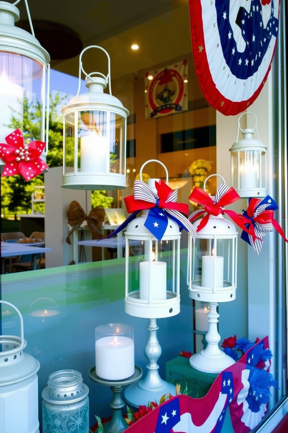 A charming window display featuring vintage lanterns adorned with red white and blue accents. The lanterns are arranged in a staggered formation, creating a festive atmosphere that celebrates Independence Day.