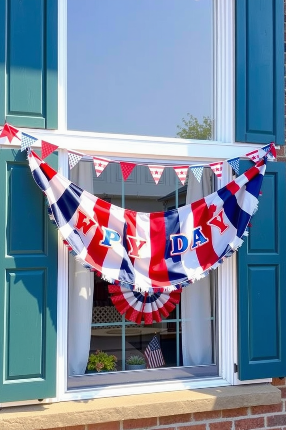 Festive banners draped across window frames create a vibrant atmosphere for Independence Day celebrations. The banners feature red white and blue colors and patriotic symbols adding a cheerful touch to the decor.