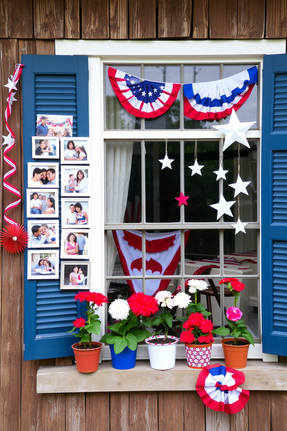 A creative photo display featuring patriotic themes for Independence Day. The display includes a variety of framed photographs showcasing family gatherings and celebrations, arranged in a star-spangled pattern on a rustic wooden wall. Window decorating ideas incorporate red, white, and blue elements. Festive bunting and hanging stars adorn the window, while potted flowers in matching colors sit on the sill, creating a cheerful and inviting atmosphere.