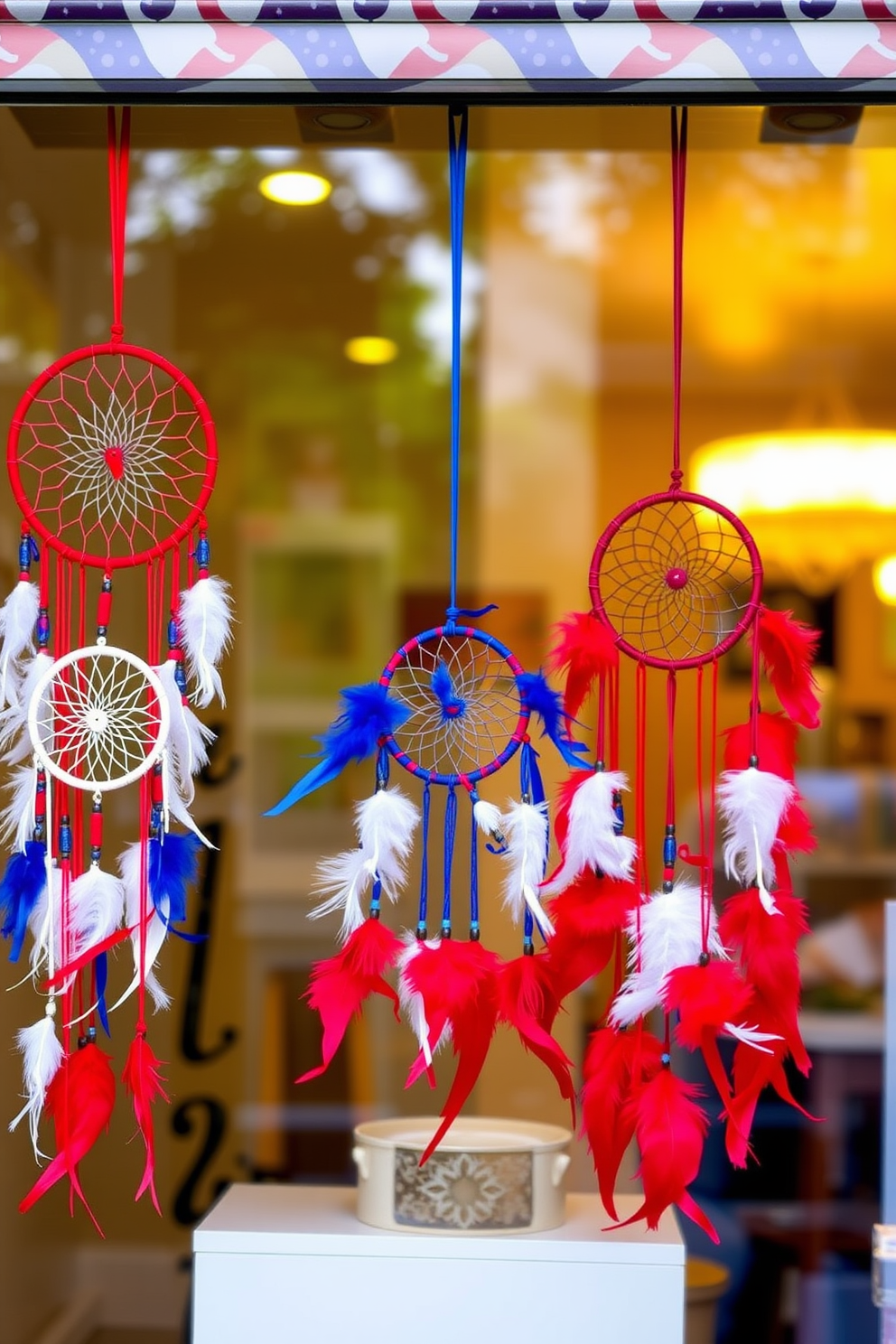 Create a festive window display for Independence Day featuring hanging dreamcatchers in red, white, and blue. The dreamcatchers should be made of colorful threads and feathers, creating a vibrant and patriotic atmosphere that enhances the holiday spirit.