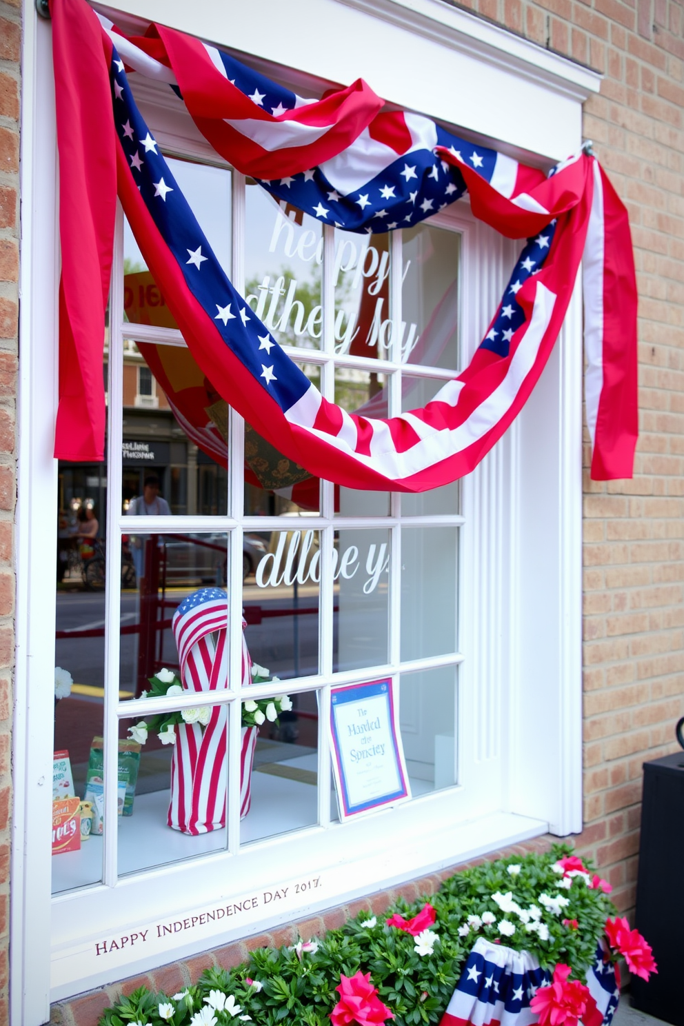 A festive window display adorned with hanging paper lanterns in vibrant red white and blue colors. The lanterns are shaped like stars and are illuminated to create a warm and inviting atmosphere for Independence Day celebrations.