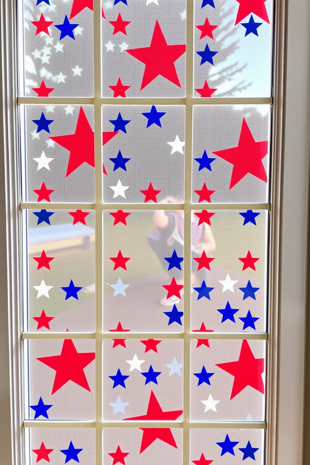 A festive window adorned with decorative film featuring a stars pattern creates a vibrant atmosphere for Independence Day celebrations. The film allows light to filter through while adding a patriotic touch to the overall decor.