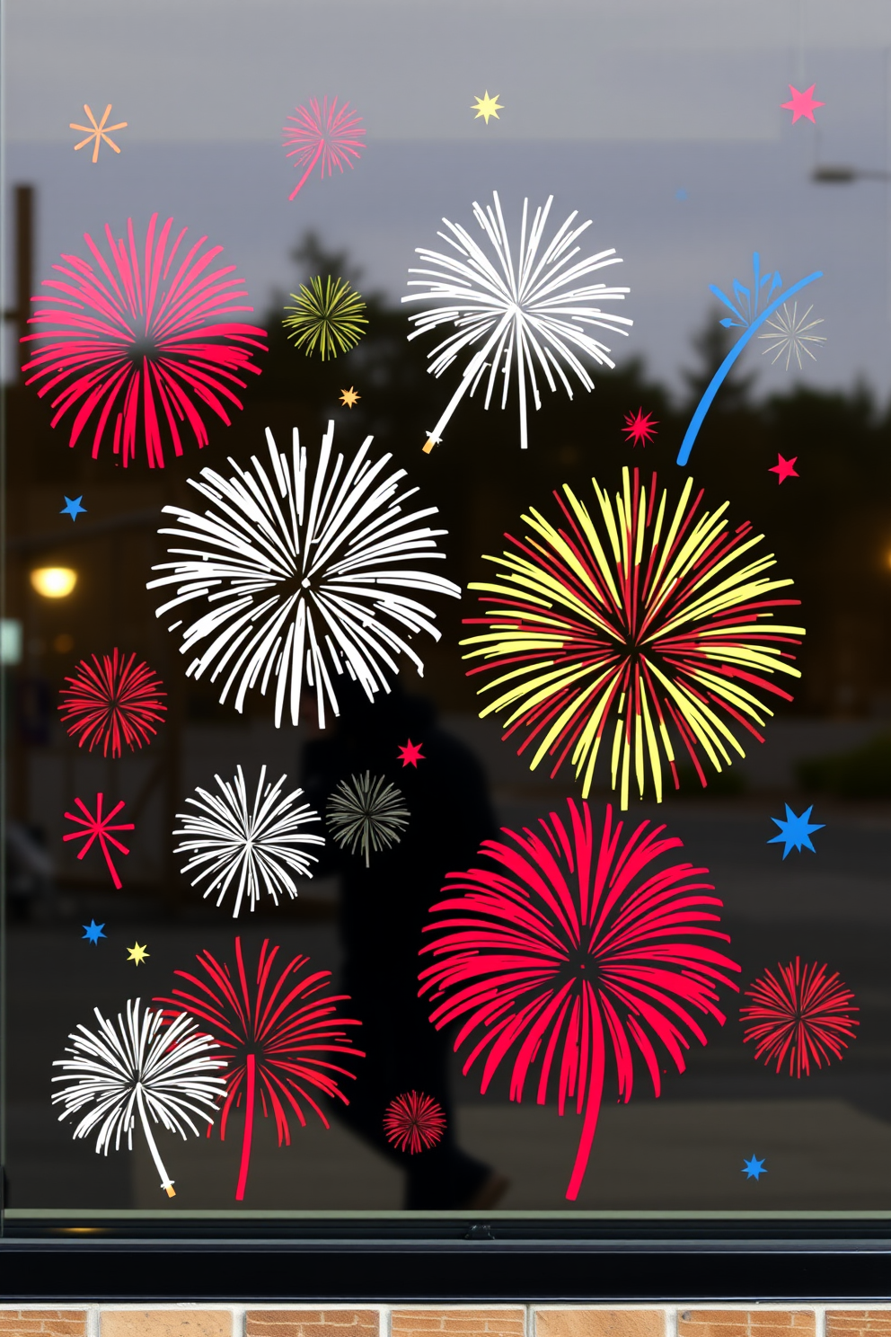 Fireworks themed window decals featuring vibrant colors and dynamic designs that capture the excitement of Independence Day celebrations. The decals should include various firework shapes and sizes, creating a festive atmosphere that enhances the holiday spirit.