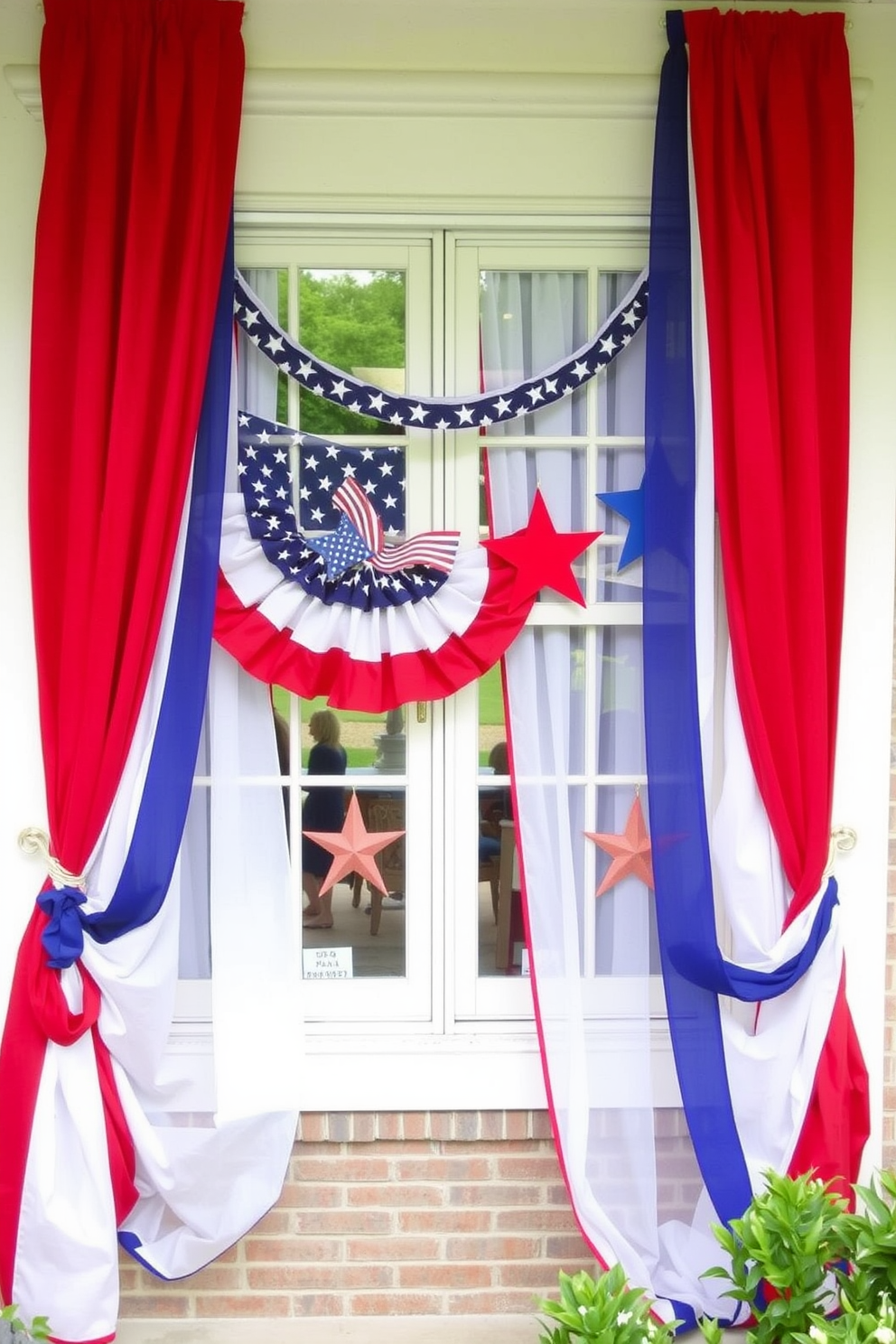 Create a festive window display featuring red white and blue curtains to celebrate Independence Day. The curtains should flow elegantly and be complemented by decorative elements like stars and stripes to enhance the patriotic theme.