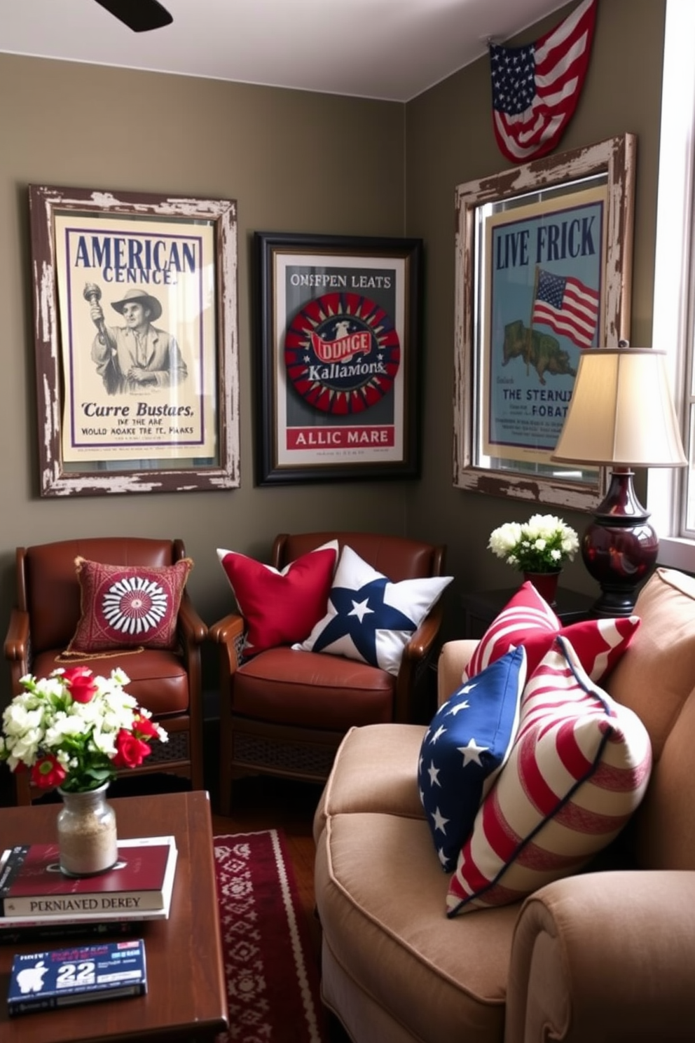 A charming window display features DIY patriotic bunting draped elegantly along the edges. The bunting is crafted from red white and blue fabric creating a festive atmosphere for Independence Day celebrations.