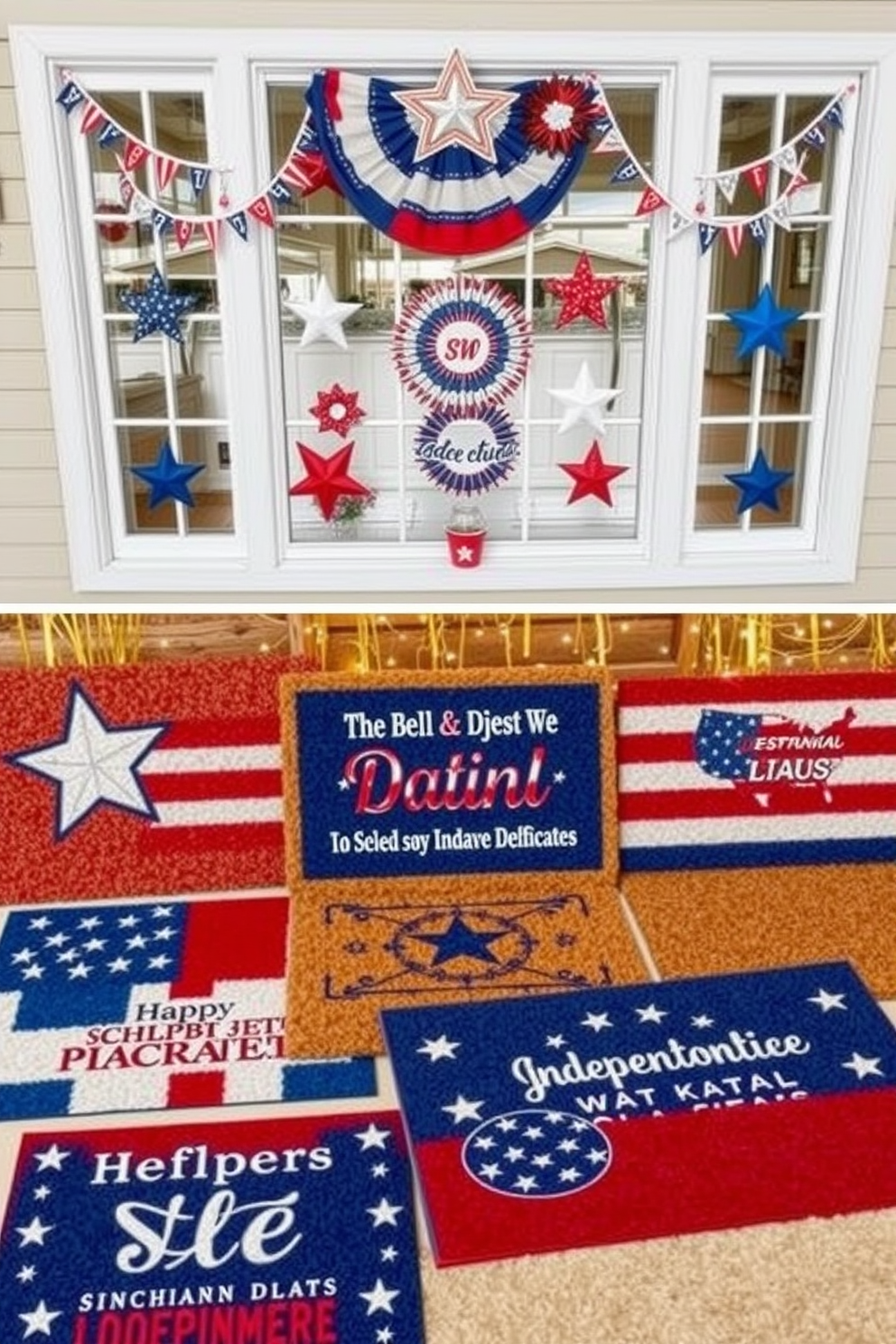 A collection of festive doormats celebrating Independence Day. Each mat features vibrant red, white, and blue colors, with designs including stars, stripes, and patriotic slogans. Creative window decorating ideas for Independence Day. Imagine window displays adorned with bunting, star-shaped garlands, and cheerful red, white, and blue accents.