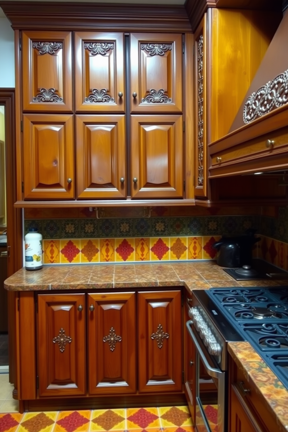 A warm and inviting Indian kitchen features traditional wooden cabinets adorned with intricate carvings that showcase the craftsmanship of the region. The cabinets are complemented by vibrant tiles in rich colors, creating a lively atmosphere that reflects the essence of Indian culture.