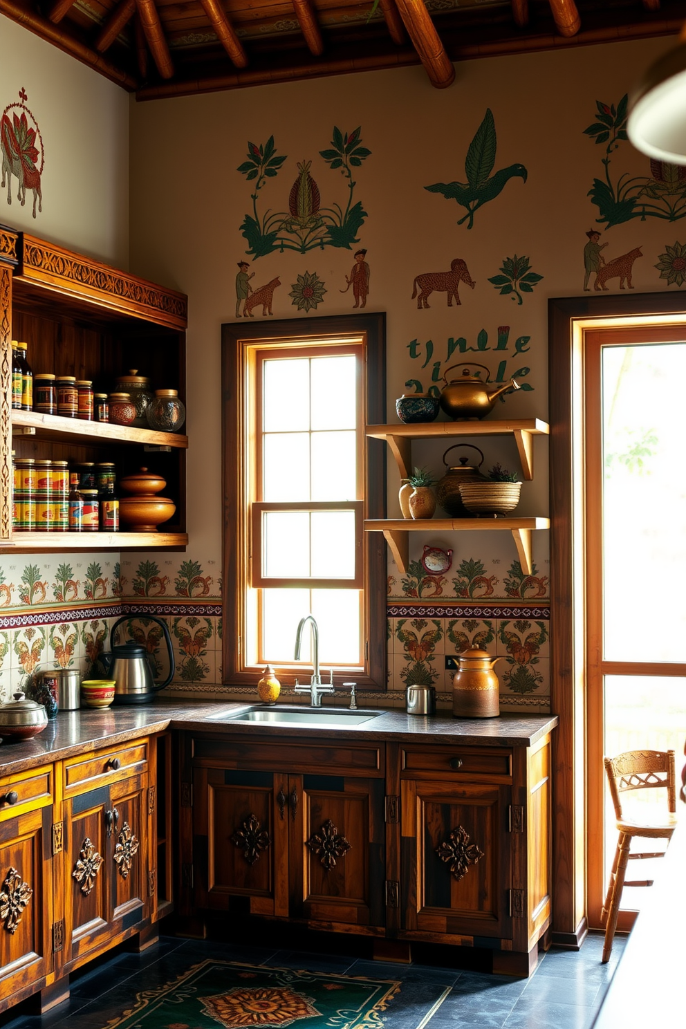 A vibrant Indian kitchen featuring bamboo accents throughout the design. The cabinetry is crafted from reclaimed wood with intricate carvings, complemented by bamboo shelves that display colorful spices and traditional cookware. The walls are adorned with hand-painted tiles showcasing Indian motifs, adding a splash of color to the space. Natural light filters in through large windows, illuminating the bamboo elements and creating an inviting atmosphere.