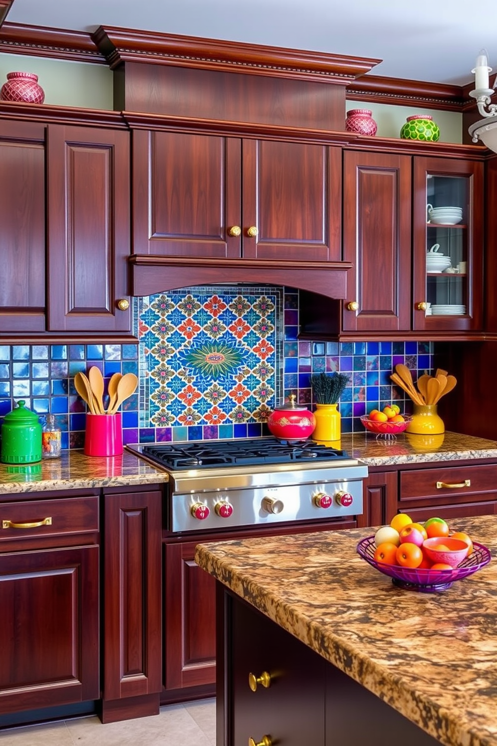 A vibrant Indian kitchen featuring bold tile backsplashes that create a stunning focal point. The cabinetry is a rich dark wood, complemented by brass handles and accents throughout the space. The countertops are made of polished granite, providing both beauty and functionality. Brightly colored utensils and decorative items are strategically placed to enhance the cultural aesthetic.