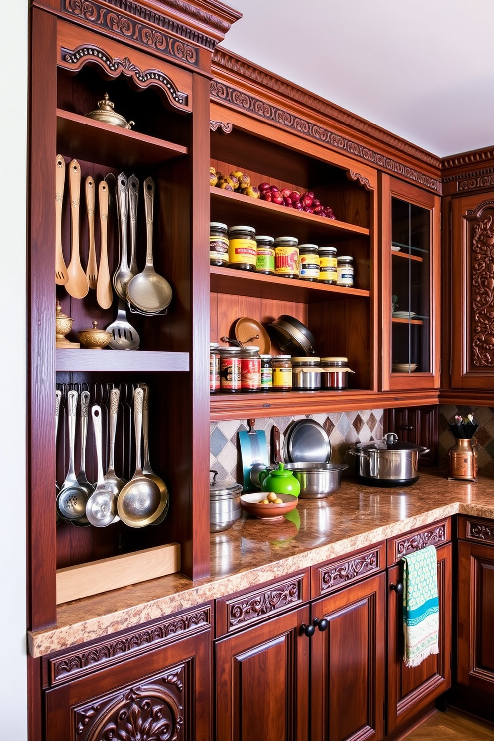 A vibrant Indian kitchen featuring customized storage solutions for utensils. The cabinetry is crafted from rich wood with intricate carvings, and open shelving displays colorful spice jars and traditional cookware.